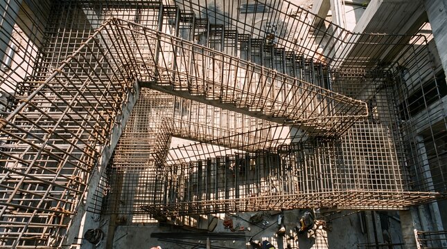 High Angle View of Rebar Staircase Under Construction