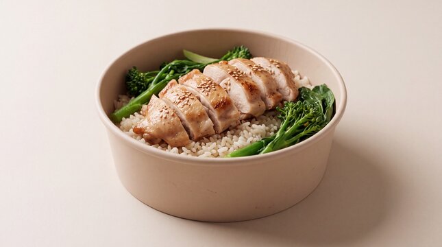 Healthy Meal Prep Bowl with Sliced Grilled Chicken Brown Rice and Broccolini in Paper Takeout Container