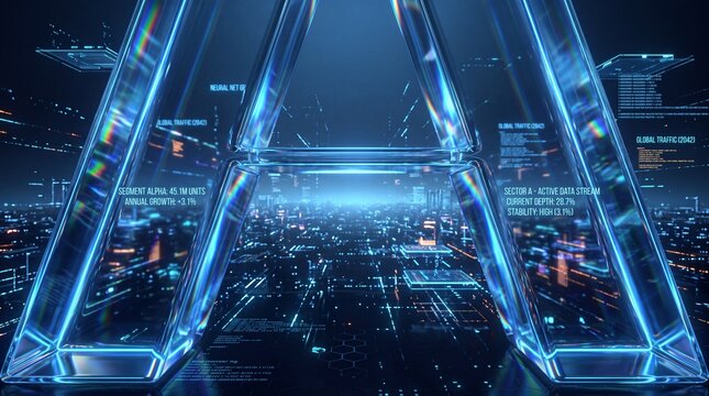Futuristic Glass Letter A in Digital Smart City