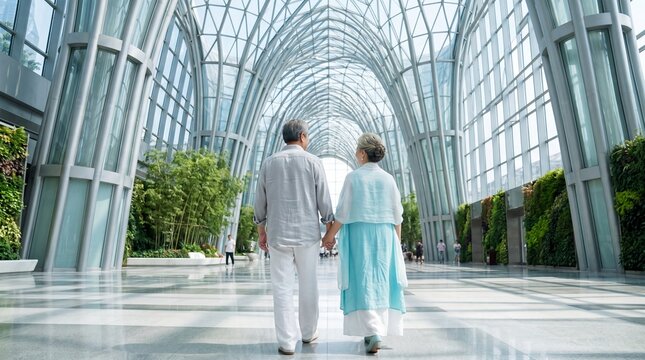 Senior Asian Couple Holding Hands Walking in Modern Glass Conservatory
