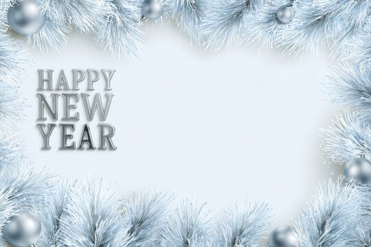New Year decorations with blue and silver accents surround a blank space for messages