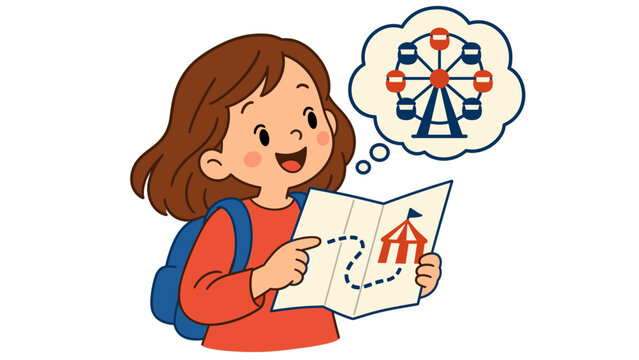 Girl pointing at a map and imagining a Ferris wheel