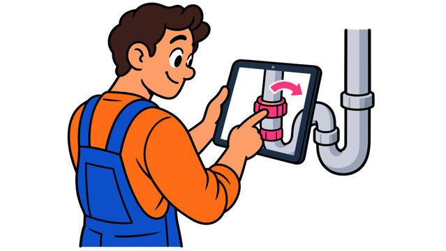 Plumber pointing to pipe fitting instructions on a tablet