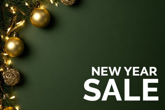 New year sale decorations with Christmas lights and ornaments on a dark green background