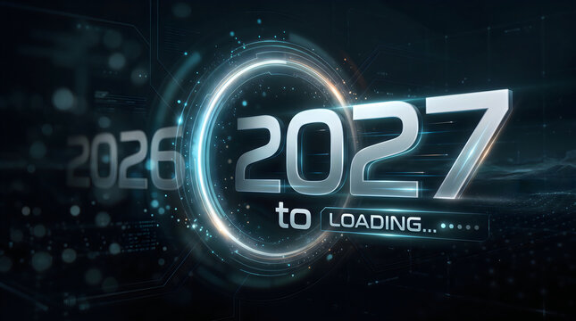 A futuristic digital graphic displaying the year 2027 with a loading animation