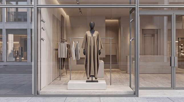 Modern Minimalist Fashion Boutique Storefront Window Display with Mannequin in Beige Kaftan Dress