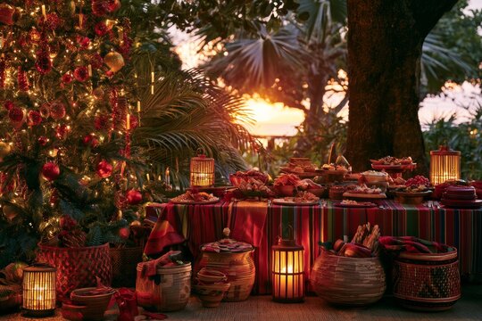 Holiday gathering with food and decorations at sunset