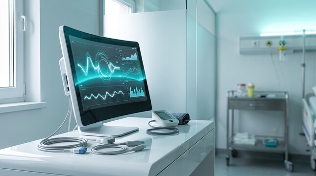 Medical monitoring equipment in a hospital room with a computer screen displaying vital signs