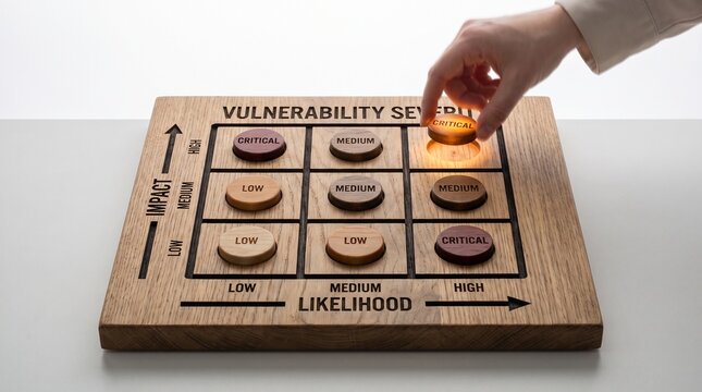Hand placing a glowing token on a wooden board for vulnerability severity scoring and CVSS risk classification