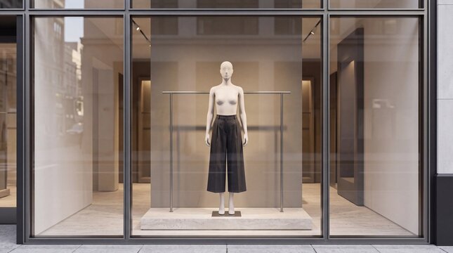 Mannequin Wearing Black Cropped Trousers in Minimalist Boutique Storefront Window Display