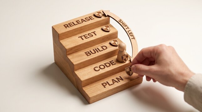 Hand moving a figure up wooden steps illustrating DevSecOps and Shift Left Security in software development