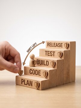 Hand placing security shield on 'PLAN' step representing DevSecOps and Shift Left Security in software development lifecycle