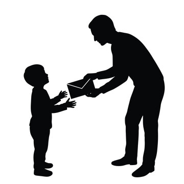 Father giving letter to his small son vector graphic illustration showing family bonding moments and connection