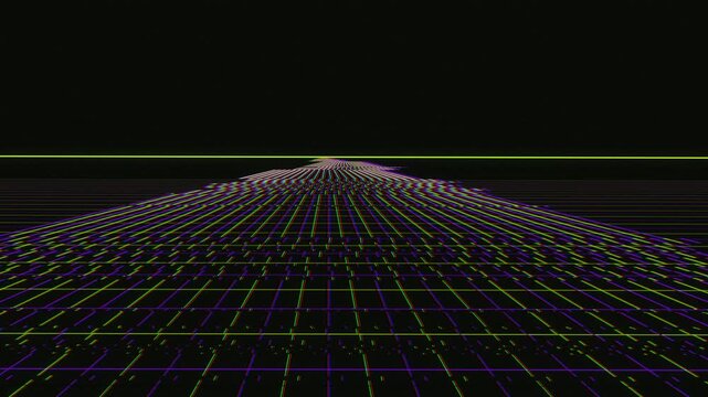 Retro synthwave grid loop animation with glitch elements and endless horizon.