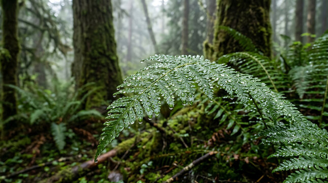 Macro shot of a water-beaded fern leaf in a foggy temperate rainforest