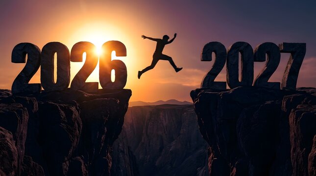 A silhouette of a person jumping across a gap between the years 2026 and 2027 at sunset