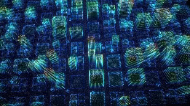LiDAR point cloud city colored by height in a low flyover as scan pulses sweep