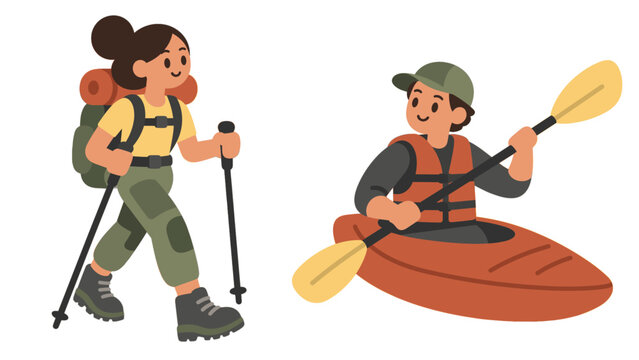 Hiker using trekking poles and kayaker paddling a kayak