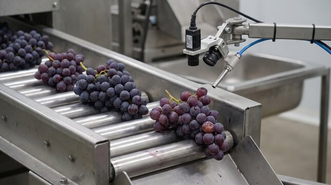 Advanced automated optical sorting machine inspecting fresh purple grapes moving along a stainless steel conveyor belt inside food processing factory producing quality wine and agricultural products