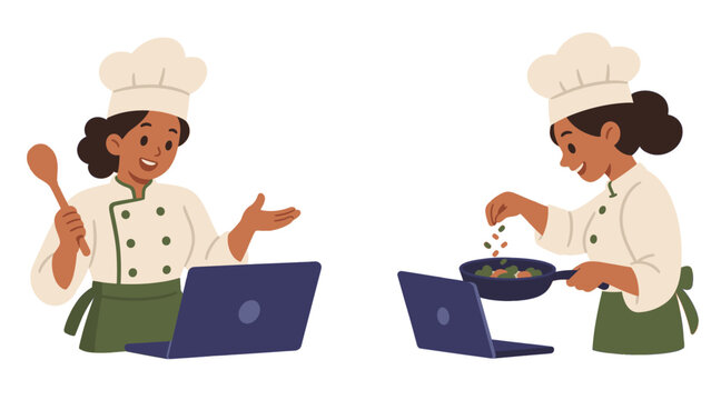 Chefs cooking with laptops during a virtual lesson