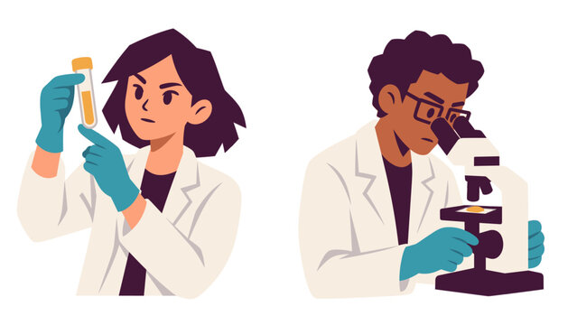Scientists analyzing samples with test tube and microscope
