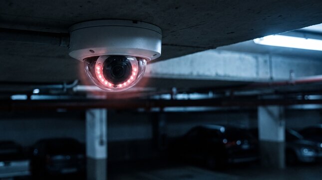 Modern white security dome camera mounted securely on a concrete ceiling inside a dark underground parking garage featuring glowing red infrared night vision LEDs providing constant surveillance