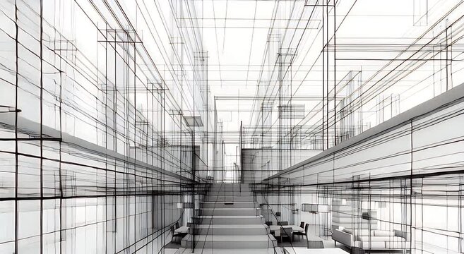 An abstract, skeletal architectural rendering of a modern building interior with a staircase