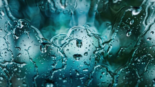 Turquoise water streams across wet glass