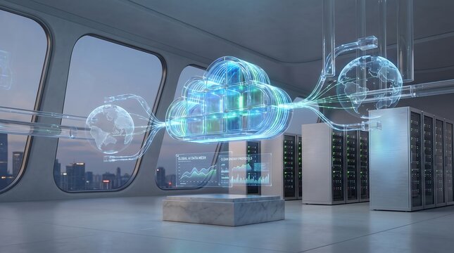 Futuristic data center interior with a large glowing cloud computing hologram connecting global networks and data streams in a server room