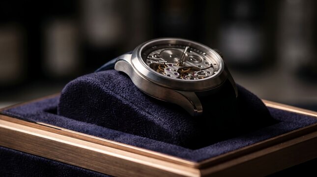Luxury skeleton wristwatch with visible internal gears resting on a dark blue velvet cushion inside a wooden box with metallic trim edges