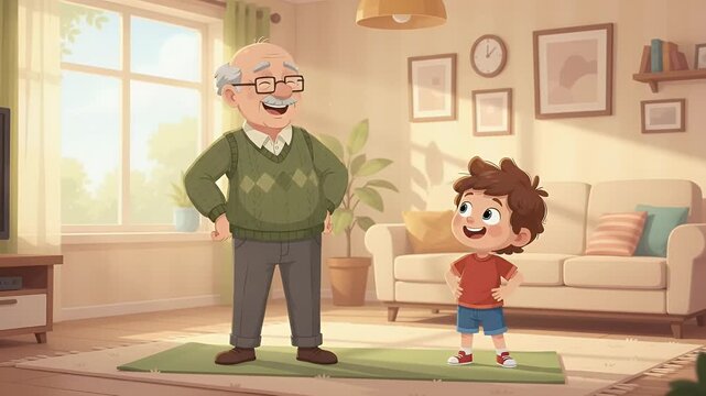 Elderly grandfather and young boy doing exercises together in a sunlit living room, promoting healthy lifestyle and intergenerational bonding