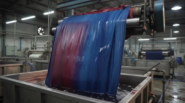 Red fabric being dyed in a textile factory machine for industrial