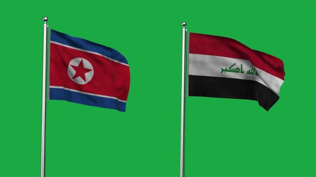 North Korea and Iraq Waving Flags, 3D Illustration