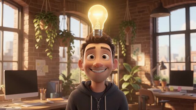 Man sketching a glowing lightbulb idea, symbolizing innovation, startup creation, and creative breakthrough in a modern office setting