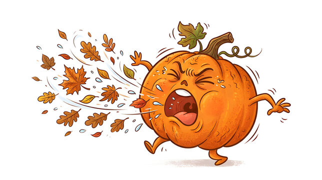Funny pumpkin sneezing dramatically, flying leaves and tiny droplets, closed eyes, exaggerated expression, cartoon illustration, pure white background, copy space.