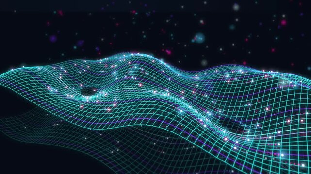 Flowing neon wireframe waves with moving data particles