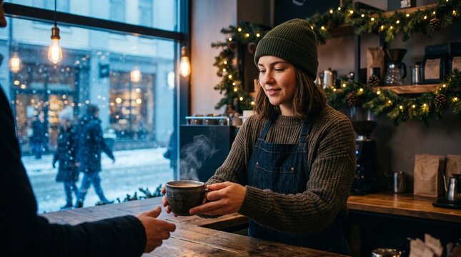 Smiling female barista serving a steaming cup of hot coffee to a customer in a cozy festive cafe during winter