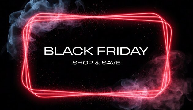 Black Friday Neon Sale &mdash; dark black background, glowing red and orange neon light streaks, floating sparks, cinematic shadows, bold futuristic typography