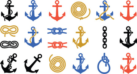 Ship berth mooring gear including heavy naval steel anchors coiled cordage sailor hitch knots and iron chain links © MISSMASUMA