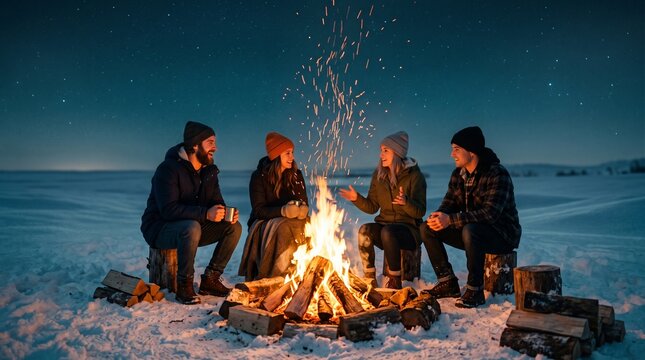 Group of cheerful friends sitting around a warm bonfire in the snow at night with flying sparks