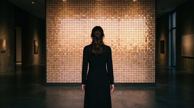 Woman facing illuminated square art wall