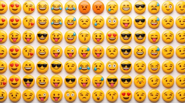 A large collection of various yellow emoji faces arranged in a neat grid pattern on white background