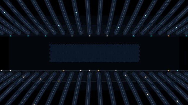 Cloud server rack cabinets blinking with blue led data indicators in a dark high-tech facility for it infrastructure marketing