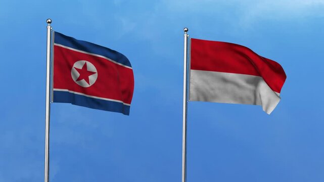 North Korea and Indonesia Waving Flags, 3D Illustration