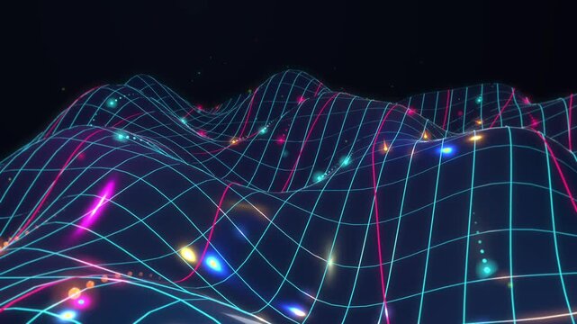 Flowing chrome wireframe surface with neon particles
