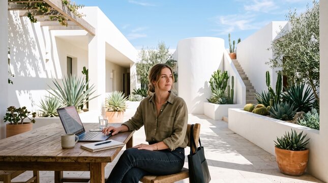Woman using laptop in bright desert courtyard