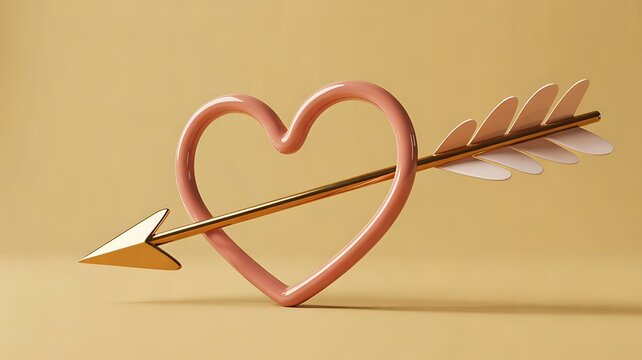 Pink outline heart pierced with golden cupid arrow on pastel beige background Valentine day love concept 3D render