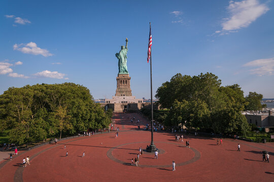 Elevated view of the circular esplanade of Liberty Island and its flagpole, New York, United States
