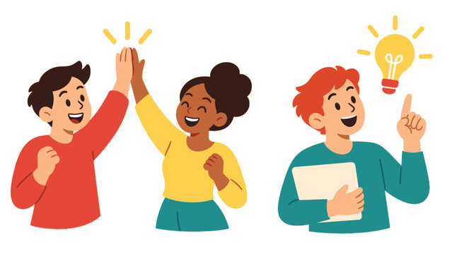 Young people high fiving as another points to a bright light bulb
