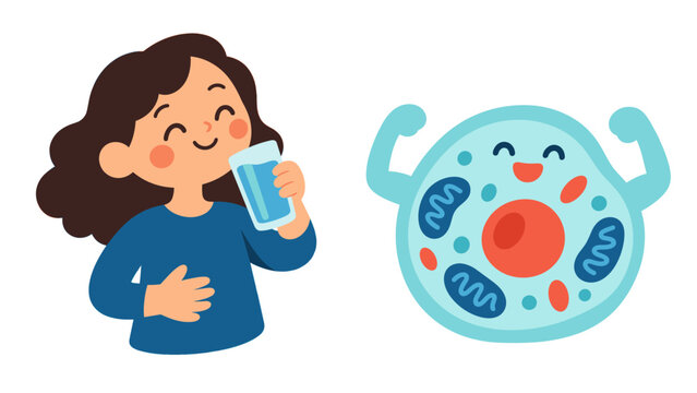 Woman drinking water beside a smiling cartoon cell